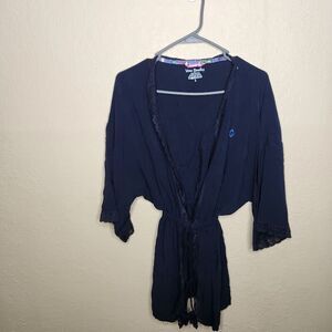 Vera Bradley Kimono Robe Women's Large Navy Blue 100% Rayon Lace Trim Tie Waist